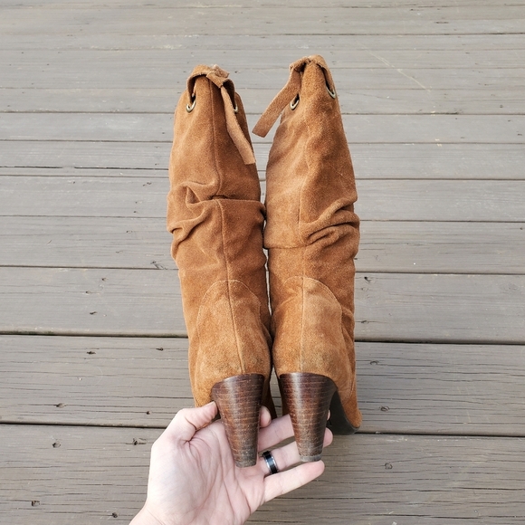 Vintage 90s y2k Whiskey Brown Suede Leather Slouchy Boho Western Mid Calf Boots - Picture 6 of 8